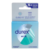 Image of a Durex Air "Close Fit" condoms box. The light blue and green packaging highlights an "Ultra-Thin Sensation" for enhanced sensitivity and proudly states it is "5x Tested for Reliability and Durability." Includes 3 latex condoms designed for close comfort.
